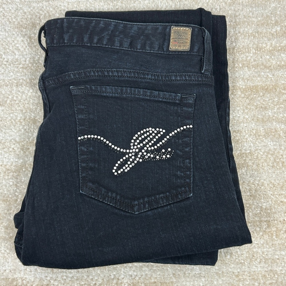 Guess Los Angeles Jeans Y2K Rhinestone Pocket Black Stretch Straight Leg Size 32